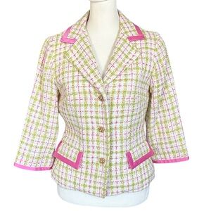 Karen Kane Lifestyle Petites Tweed Pink & Green Tweed Jewel Button Blazer Size 8